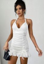 Summer women's deep v-neck Halter Neck sexy Ruched Beach dress