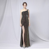Summer Formal Sequin One-Shoulder Slit Evening Dress