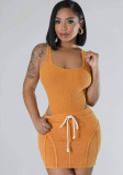 Women's Ribbed Washed Fashion Casual sleeveless bodysut and skirt set