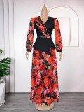 Plus Size African Women Chiffon Print V-neck Dress Two-piece Set