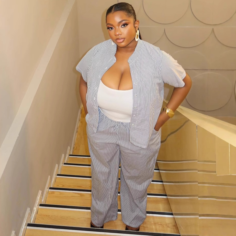 Africa Plus Size Fashion Casual Women Striped Turndown Collar Shirt Pants Trendy Two-piece Set