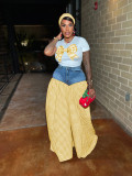 Women Patchwork Plaid Print T-shirt Casual Wide Leg Pants Two-piece Set