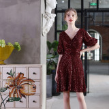 Elegant Sequin Surplice Neck Hollow-Out Short Sleeve Party Dress