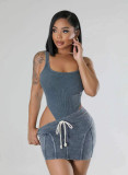 Women's Ribbed Washed Fashion Casual sleeveless bodysut and skirt set