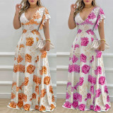 Women Spring Sexy V-neck Print Dress