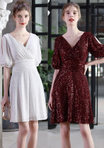 Elegant Sequin Surplice Neck Hollow-Out Short Sleeve Party Dress Elegant Sequin Surplice Neck Hollow-Out Short Sleeve Party Dress