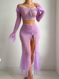 See Through Mesh Long-Sleeve Sexy Crop Top Slit Skirt Set