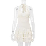 Women summer sexy Halter Neck V Neck Backless Cascading Ruffles Dress