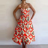 Women Spring Printed Pleated Strap Dress