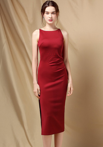 Elegant Side Split Sleeveless Round Neck Slim Formal Midi Dress