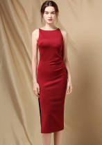 Elegant Side Split Sleeveless Round Neck Slim Formal Midi Dress Elegant Side Split Sleeveless Round Neck Slim Formal Midi Dress