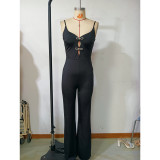 Women summer hollow diamond patchwork suspenders Jumpsuit