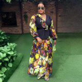 Plus Size African Women Chiffon Print V-neck Dress Two-piece Set