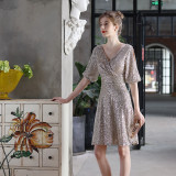 Elegant Sequin Surplice Neck Hollow-Out Short Sleeve Party Dress
