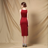 Elegant Side Split Sleeveless Round Neck Slim Formal Midi Dress