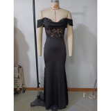 Women spring Summer Off Shoulder Lace Patchwork Evening Dress