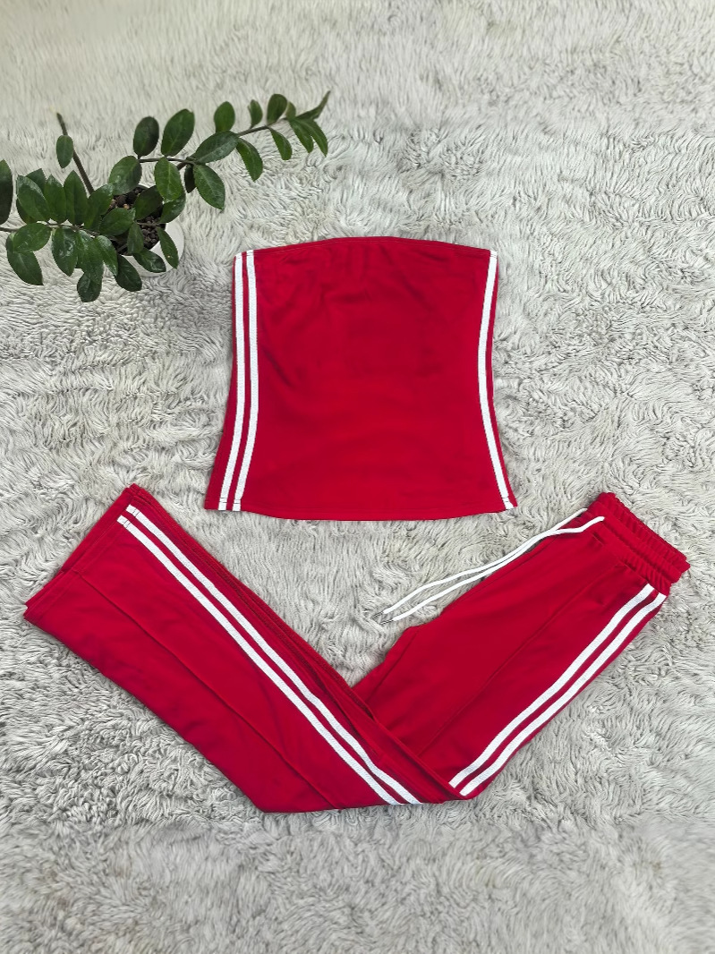 Fashion Women Strapless Tops Loose Pants Casual Two-piece Set