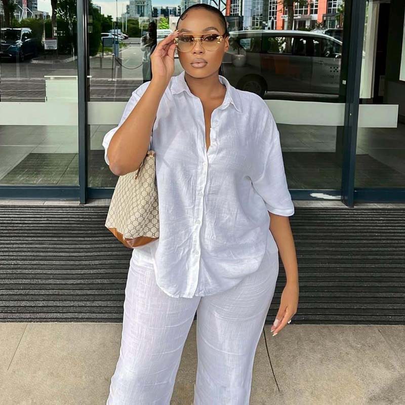 Women's short sleeve Turndown Collar shirt wide-leg trousers African two-piece set for women