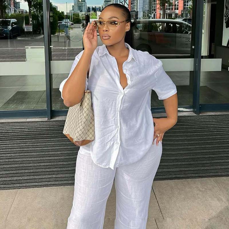 Women's short sleeve Turndown Collar shirt wide-leg trousers African two-piece set for women