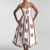 Women Spring Printed Pleated Strap Dress