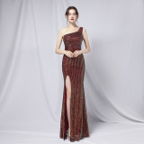 Summer Formal Sequin One-Shoulder Slit Evening Dress