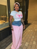 Women Patchwork Plaid Print T-shirt Casual Wide Leg Pants Two-piece Set