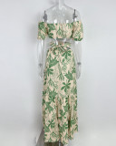 Women Sexy Print Off Shoulder Hollow Lace-up Dress