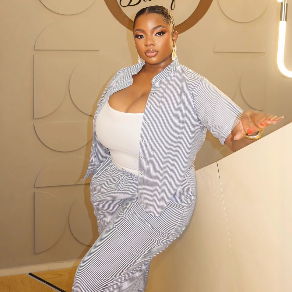 Africa Plus Size Fashion Casual Women Striped Turndown Collar Shirt Pants Trendy Two-piece Set