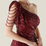 One-Shoulder Sequin Slim Evening Dress