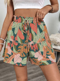 Tropical plants Holidays print summer elastic wide-leg shorts women