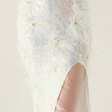 Feather Sequin Diamond Chain-Strap Deep V-Neck Fishtail Evening Dress