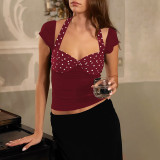 Women's spring summer Halter Neck short-sleeved Low Back tops polka dots Patchwork T-shirt
