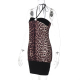 Women's Summer Tie Halter Leopard Patchwork Short Bodycon Dress