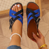 Plus Size Wedge Heel Slippers for Women Summer Belt Buckle Cross-Strap Colorblock Sandals
