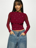 Women's fashion casual beaded slim mesh hollow long-sleeved t-shirt