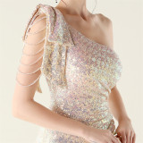 One-Shoulder Sequin Slim Evening Dress