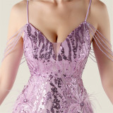 Feather Sequin Diamond Chain-Strap Deep V-Neck Fishtail Evening Dress