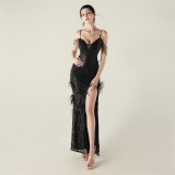 Feather Sequin Diamond Chain-Strap Deep V-Neck Fishtail Evening Dress