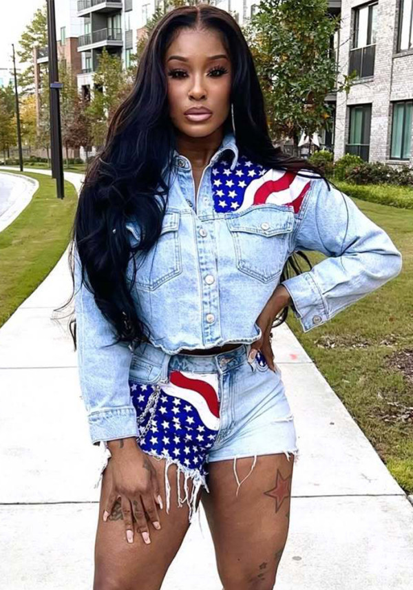 Casual Flag Print Denim Two Piece Shorts Set