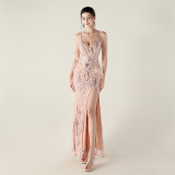 Feather Sequin Diamond Chain-Strap Deep V-Neck Fishtail Evening Dress