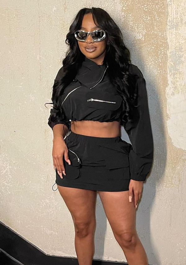 Long Sleeve Cargo Zip Jacket Short Skirt Set