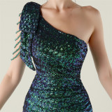 One-Shoulder Sequin Slim Evening Dress