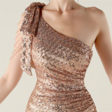 One-Shoulder Sequin Slim Evening Dress