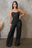 Women's PU Leather Strap Sleeveless Wide-Leg Jumpsuit