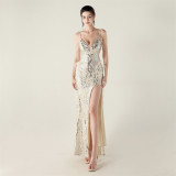 Feather Sequin Diamond Chain-Strap Deep V-Neck Fishtail Evening Dress