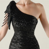 One-Shoulder Sequin Slim Evening Dress