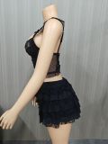 Plus Size Women Summer Sexy Lace Hollow Top and Skir Two-Piece Set