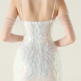 Feather Sequin Diamond Chain-Strap Deep V-Neck Fishtail Evening Dress