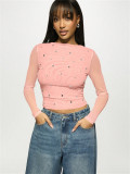 Women's fashion casual beaded slim mesh hollow long-sleeved t-shirt