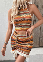 Women's summer Holidays knitting sleeveless Halter Neck vest drawstring short skirt two-piece set